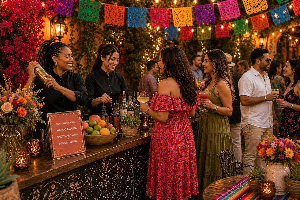 People enjoying a vibrant outdoor Cinco de Mayo party with cocktails, colorful decor, and fairy lights. Bartenders serve drinks cheerfully amid lively chatter.
