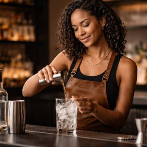 Bartender comparing free pour and jigger methods while making cocktails behind a professional bar