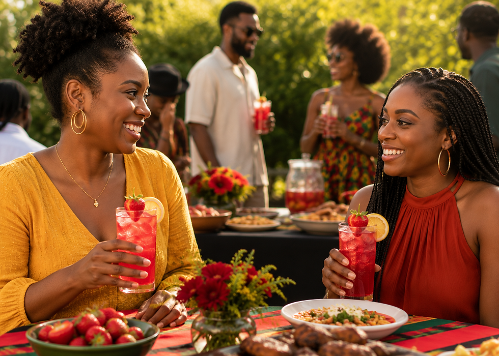 Two Black women smile and toast bourbon strawberry-hibiscus cocktails at an outdoor garden picnic, with fruit, flowers, and food on a red Afro-centric tablecloth.