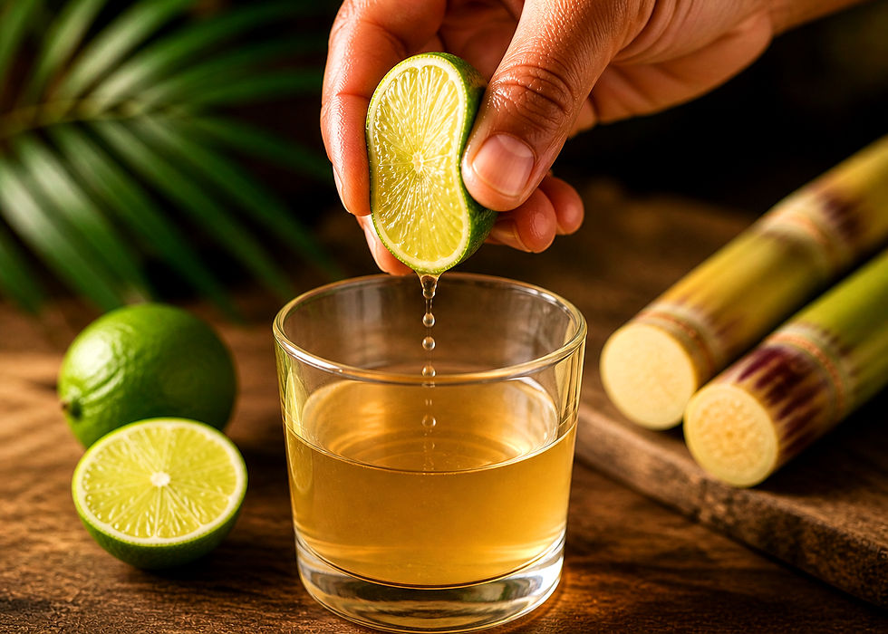 Hand squeezing lime juice into a glass of amber liquid on a wooden table. Whole limes and sugarcane stalks in the background. Natural setting.