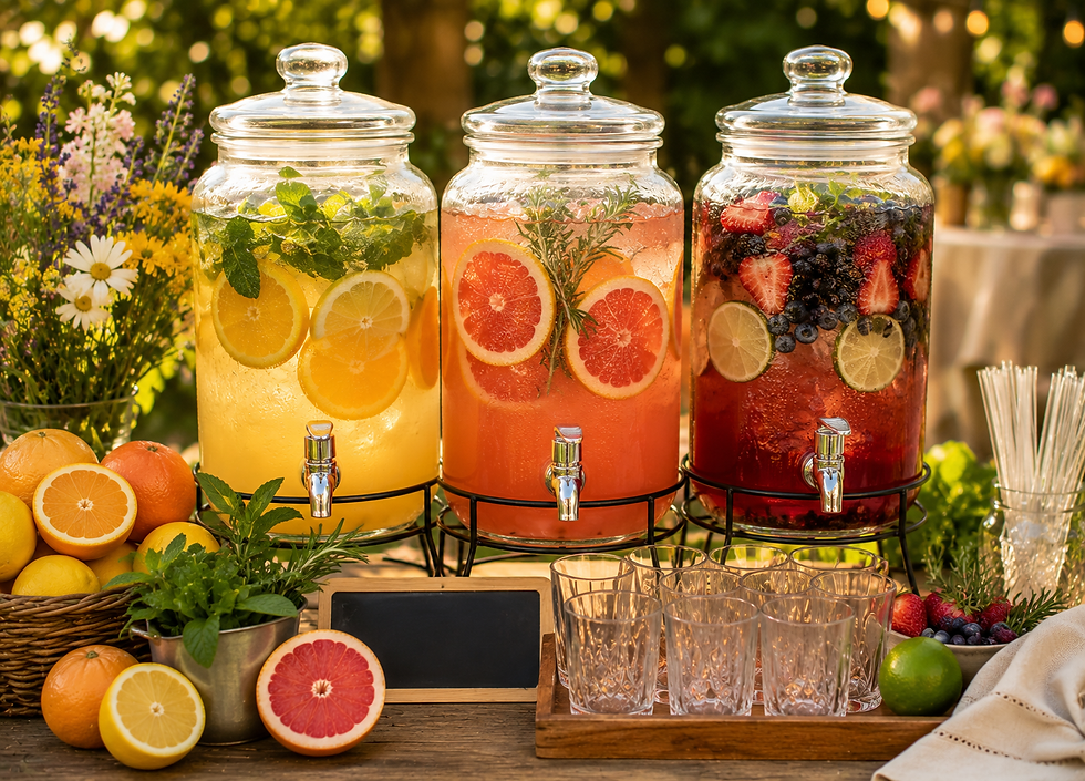 Three glass drink dispensers with citrus and berry-infused drinks on an outdoor table, surrounded by fruit, flowers, and empty glasses.