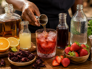 Craft cocktail preparation featuring bourbon, citrus, hibiscus, and sparkling water