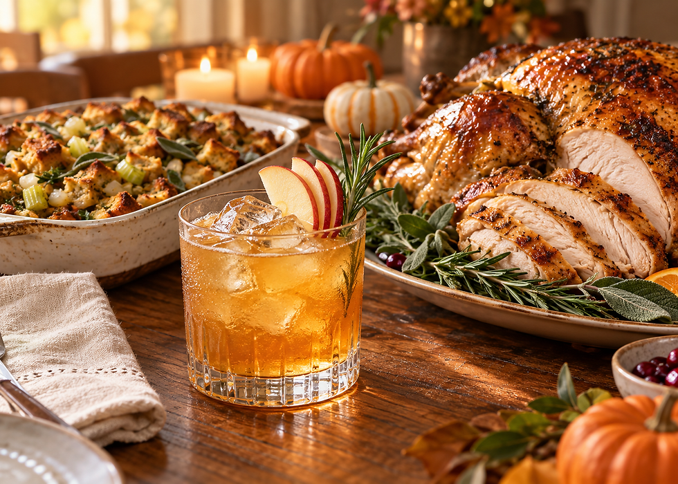 Apple cider bourbon smash with Thanksgiving feast. Thanksgiving dinner with sliced roast turkey, stuffing, apple cocktail, candles, and pumpkins on a warm autumn table