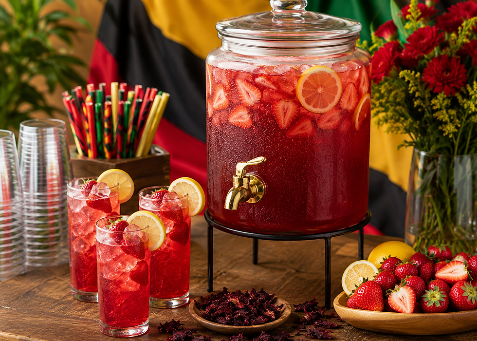 Bourbon strawberry lemonade in glass dispenser with lemon slices, three iced glasses, fresh strawberries, and colorful straws on a wooden table