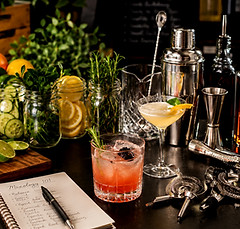 Craft cocktail setup and mixology tools_