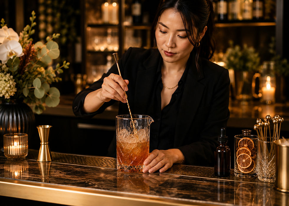 Bartender stirring a drink in a crystal pitcher, surrounded by candles and flowers, in a dimly lit bar. Elegant and focused mood.