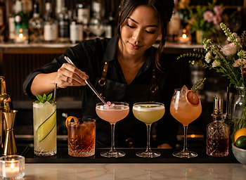 Bartender garnishes cocktails with a flower at a dimly lit bar. Colorful drinks line the counter, surrounded by flowers and bottles.