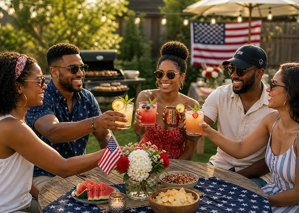 Friends toast with colorful drinks outdoors, under string lights. American flag, grill, and summery decor set a festive mood.