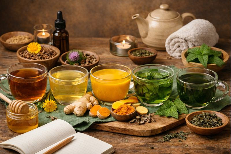 Daily wellness ritual featuring detox teas and herbal ingredients.