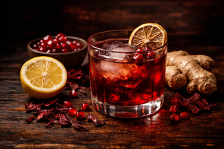 1954-inspired, deep-red hibiscus bourbon cocktail served in a rocks glass over ice, surrounded by lemon, pomegranate seeds, ginger root, and hibiscus petals on a moody wooden bar.
