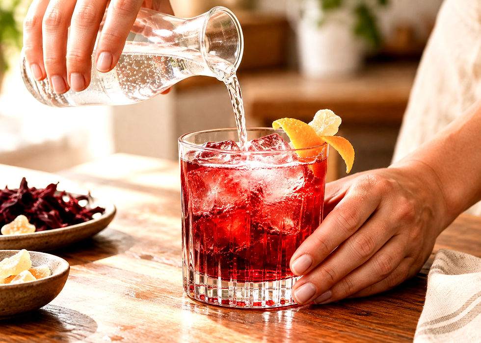 Sparkling water meets a hibiscus mocktail. Hands pour water into a red iced cocktail with orange peel garnish on a wooden table in a warm, sunlit kitchen.
