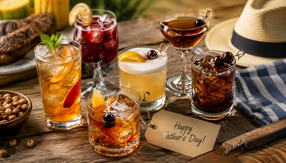 Father's Day whiskey cocktails arranged on a rustic wooden table for summer entertaining