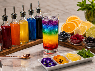 Cocktail ingredients arranged to demonstrate color theory and layered drink techniques