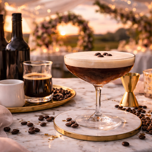 Low-ABV espresso martini served in a coupe glass with coffee bean garnish at a wedding-inspired bar setup
