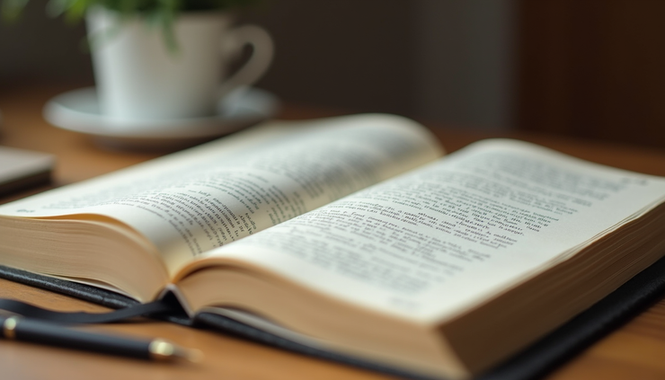Eye-level view of an open book with highlighted text and notes on a wooden desk