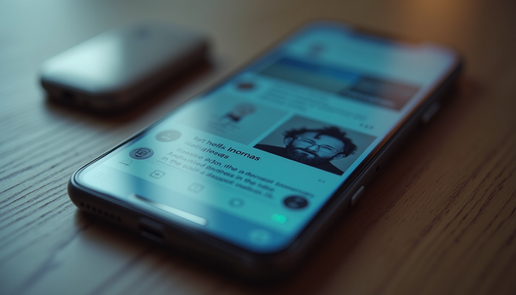 Eye-level view of a smartphone screen displaying an endless social media feed