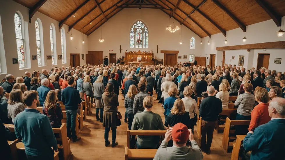 Wide angle view of a joyous church service with volunteers and community members celebrating together.