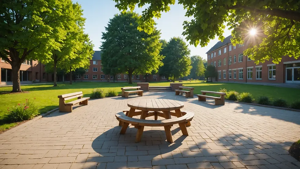 Wide angle view of a peaceful outdoor space at a school for reflection and mediation.