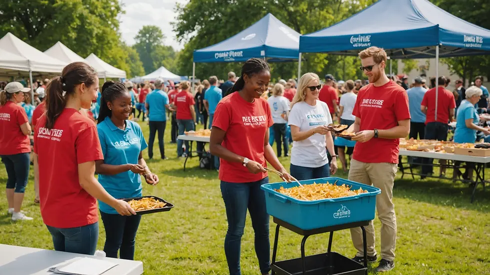 Eye-level view of a vibrant community event with volunteers engaged in service activities.