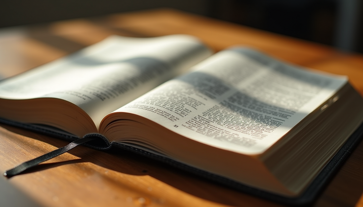 Eye-level view of an open Bible resting on a wooden table with soft natural light