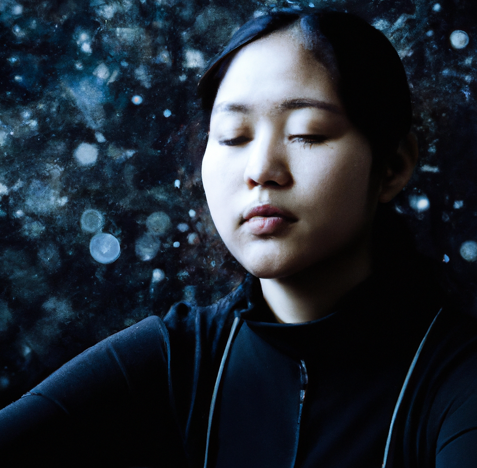 A woman in a dark blue sweatshirt with snowflakes falling around her. Her eyes are closed relaxing and meditating.