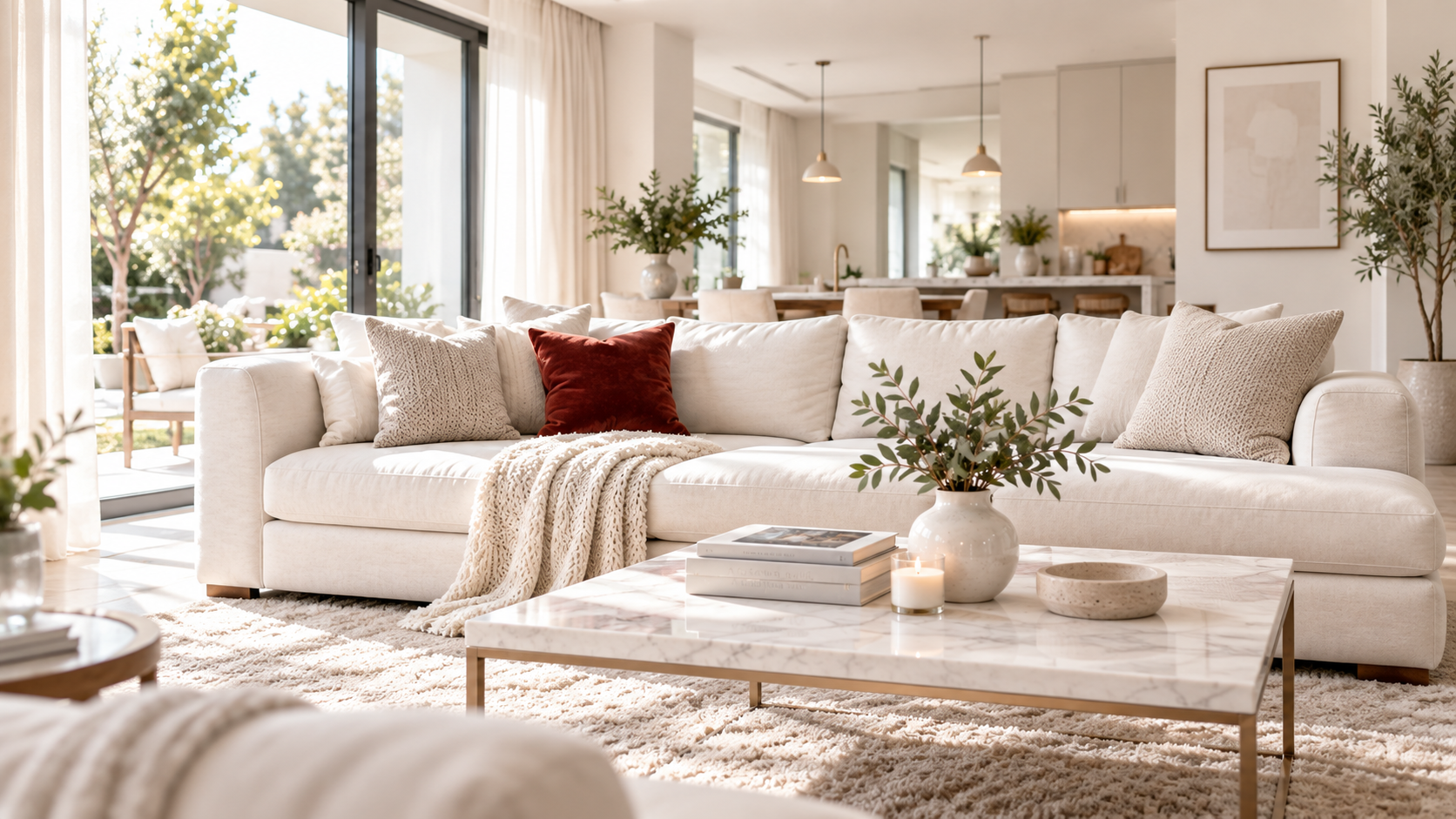 A bright, freshly cleaned living room with a white sofa and natural light