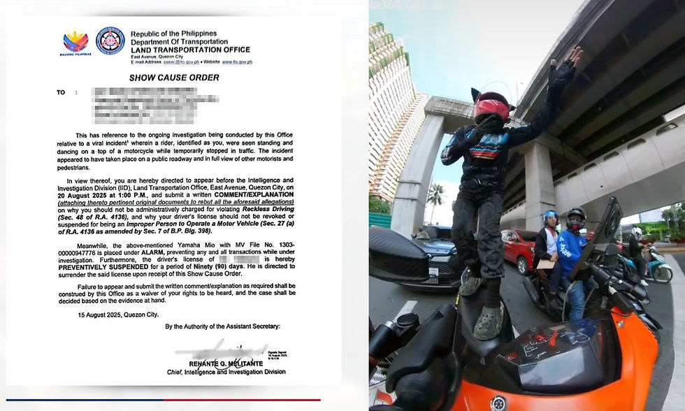 LTO suspends the license of a motovlogger who danced on top of his bike for content