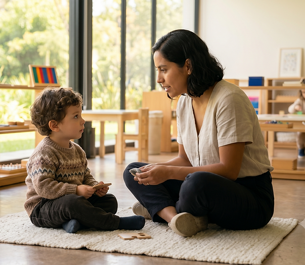 Maestra interactuando con niño en aula Montessori.