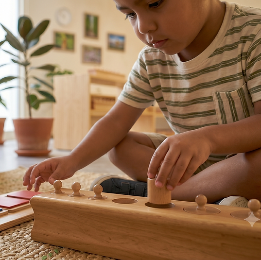 Niño utilizando materiales de madera en un salón Montessori.