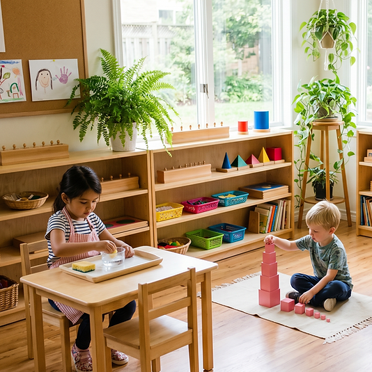 Niños jugando en un aula Montessori iluminada.