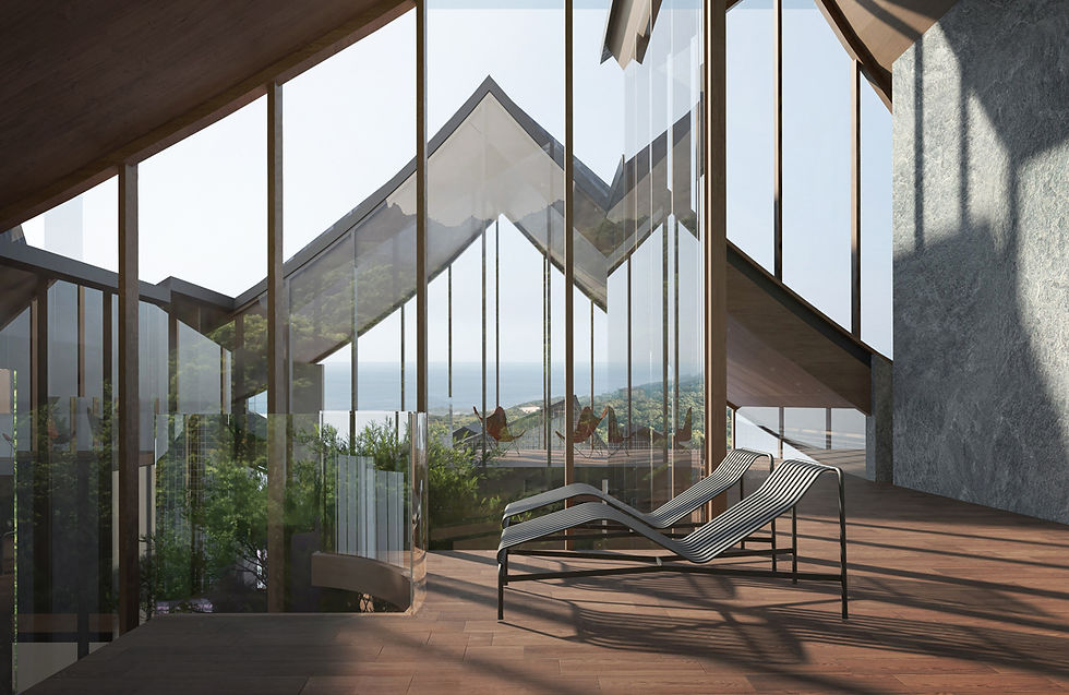 Render lounge by Musa Architects | Not A Hotel 2025 Yakushima, Japan | architectural competition entry