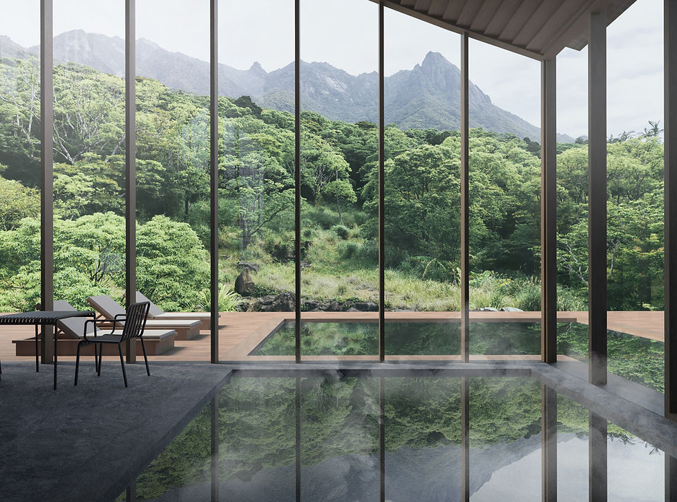 Render outdoor pool by Musa Architects | Not A Hotel 2025 Yakushima, Japan | architectural competition entry