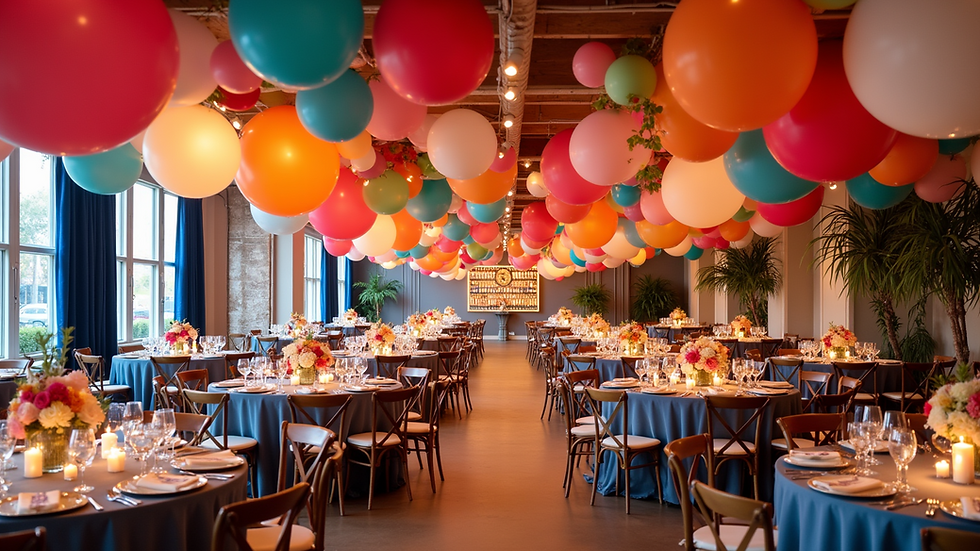 Eye-level view of a vibrant event space decorated with colorful balloons and elegant table settings