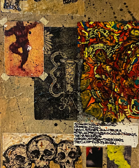 a collage of paintings including one with a snake on it