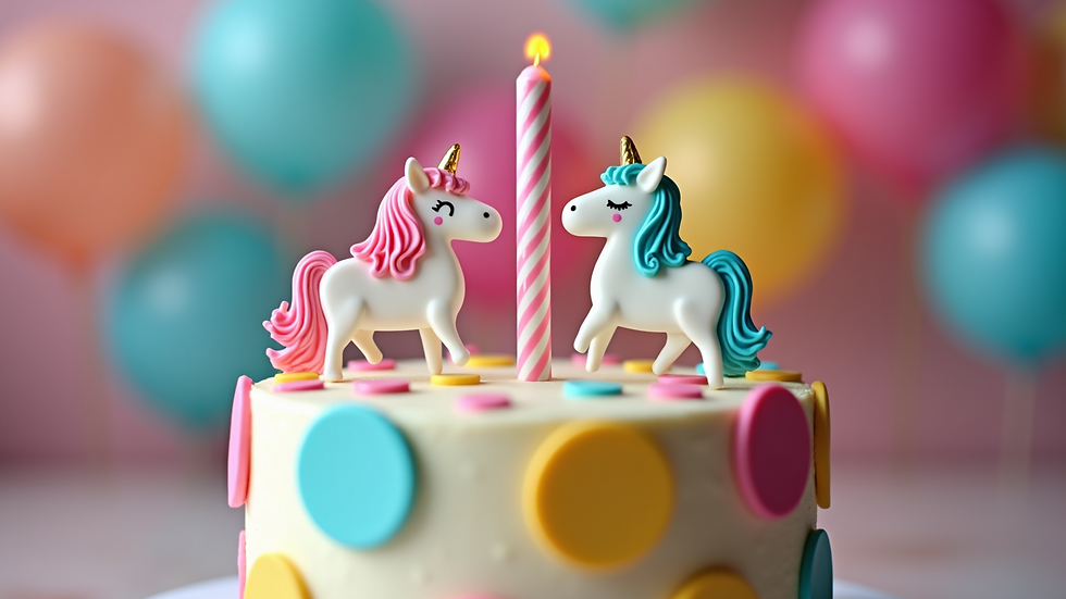 Eye-level view of a colorful birthday cake decorated with unicorns