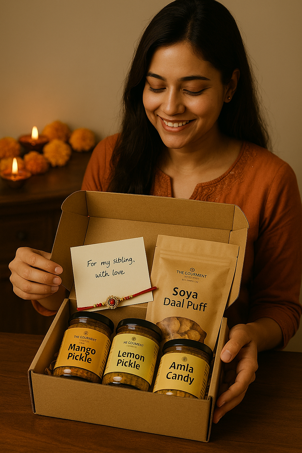 Smiling woman holds a gift box with snacks and a note saying "For my sibling, with love" beside lit candles and flowers. Warm ambiance.