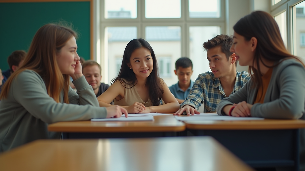 Eye-level view of a classroom with diverse students engaging in a group activity