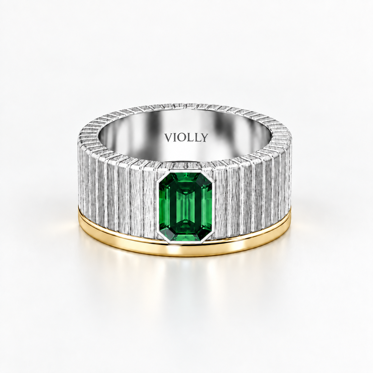 ANEL MASCULINO VIOLLY — PRATA 950, OURO 18K E GEMA VERDE