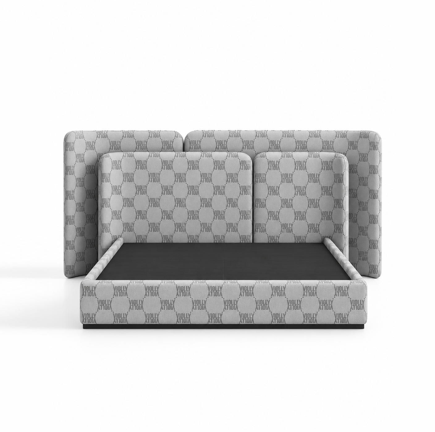 CAMA ESTOFADA COM CABECEIRA ACOLCHOADA E MONOGRAMA VIOLLY