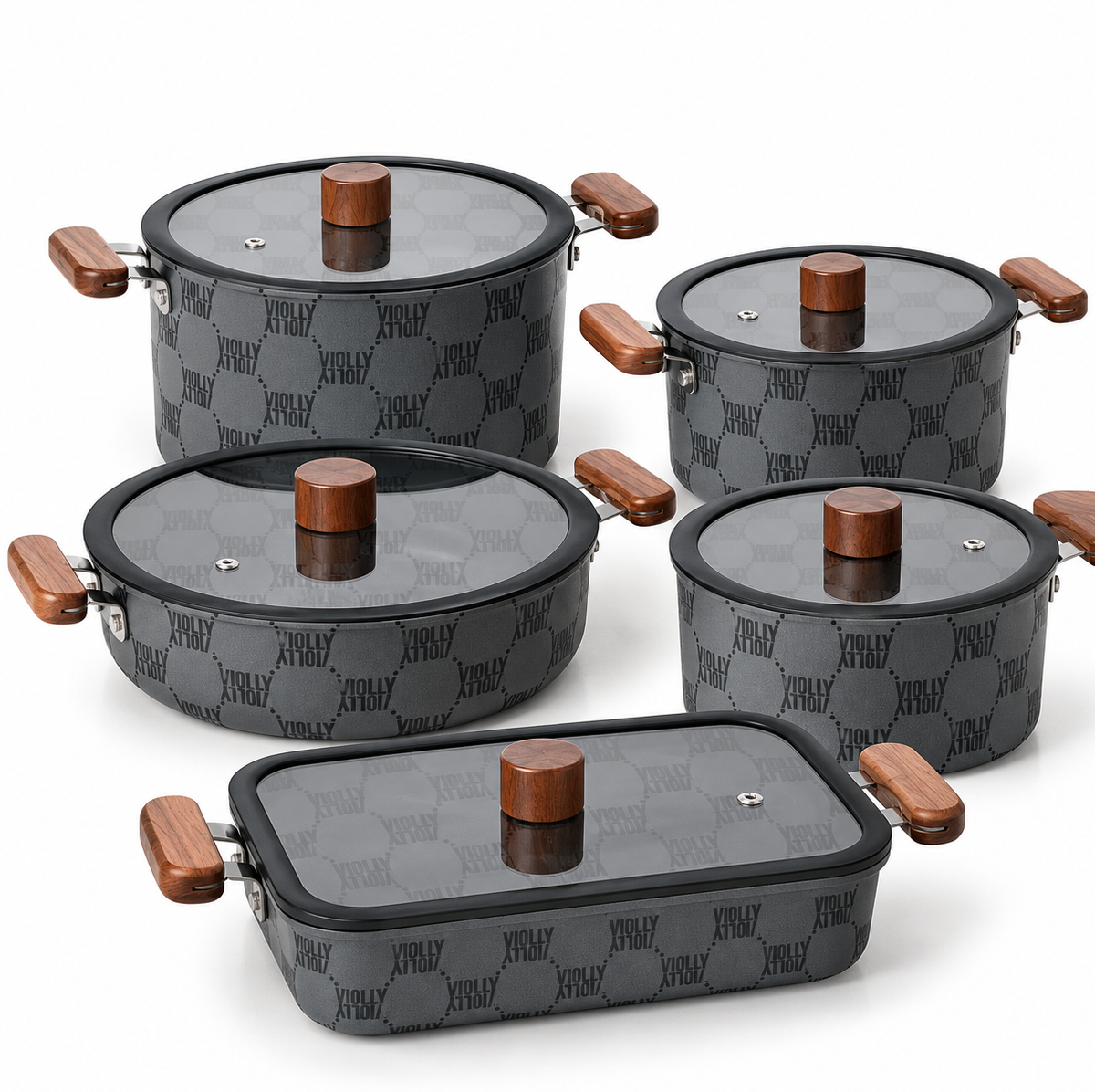 CONJUNTO DE 5 PANELAS COM TAMPAS E MONOGRAMA VIOLLY