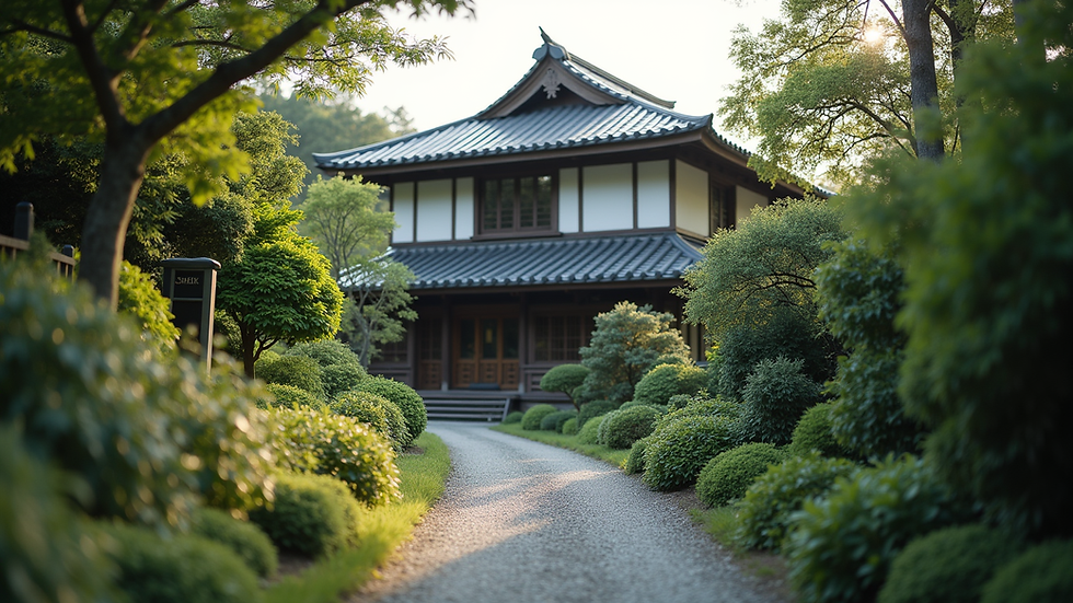 Eye-level view of a traditional Japanese house surrounded by nature