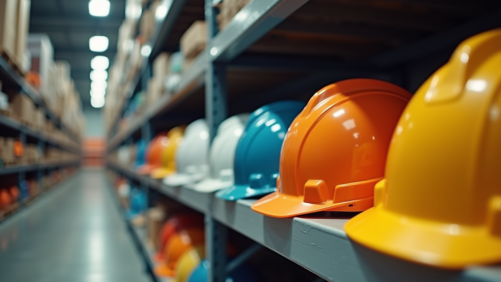 Eye-level view of a warehouse shelf stocked with various safety helmets