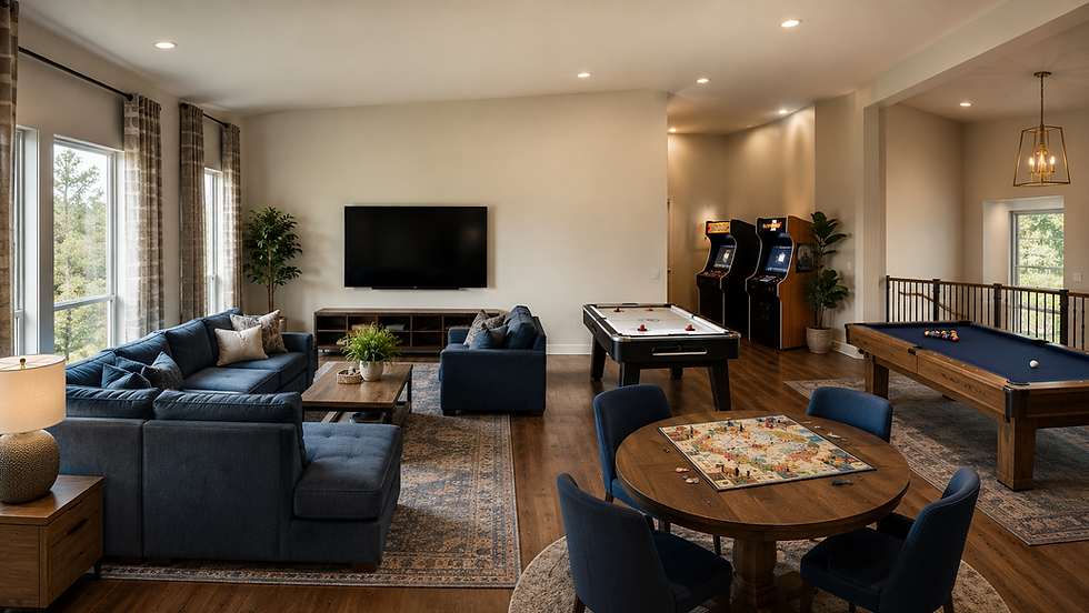 Rec Room Refined Contemporary — navy seating, TV, air hockey, pool table, arcade and board