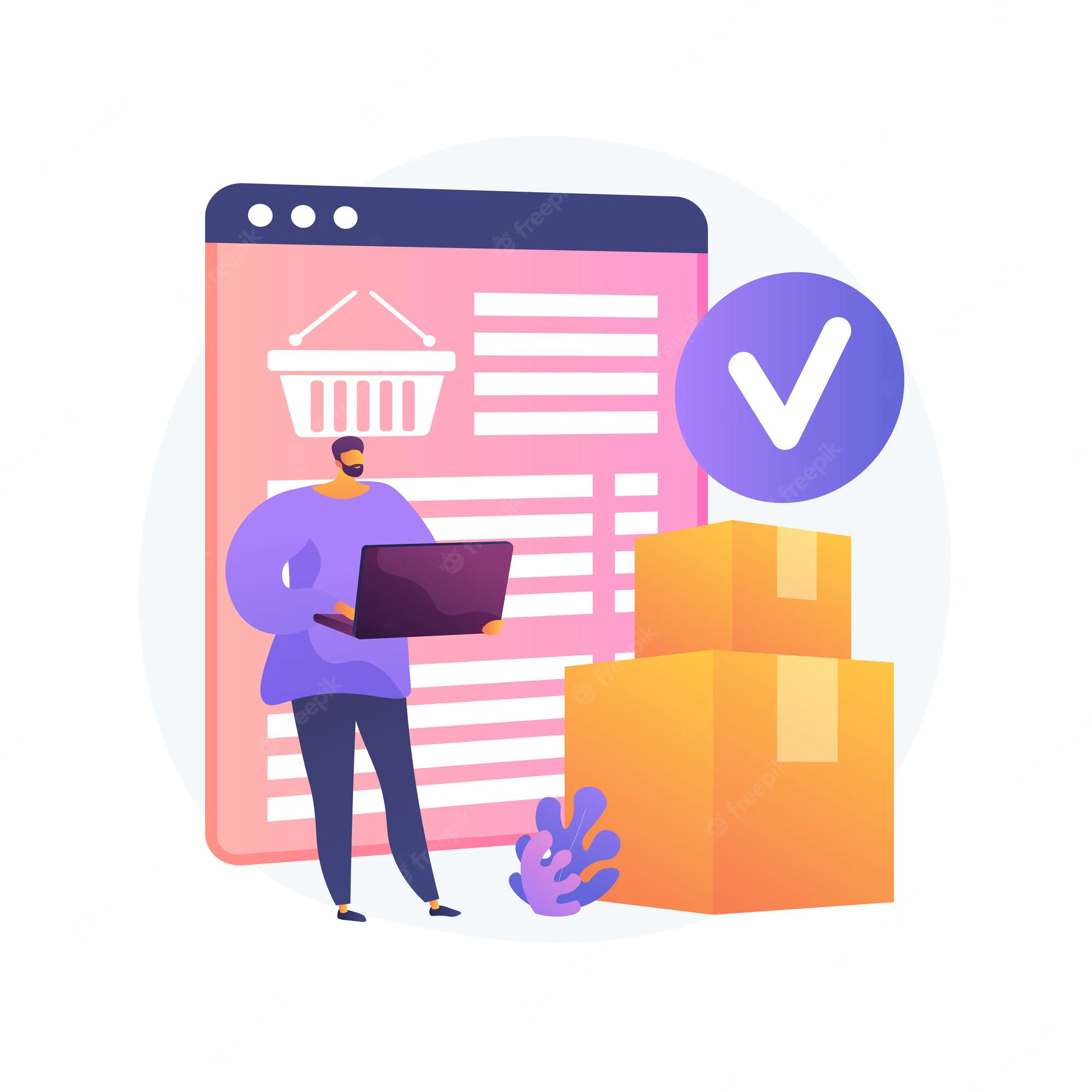 online-order-delivery-service-shipment-internet-shop-basket-cardboard-boxes-buyer-with-lap