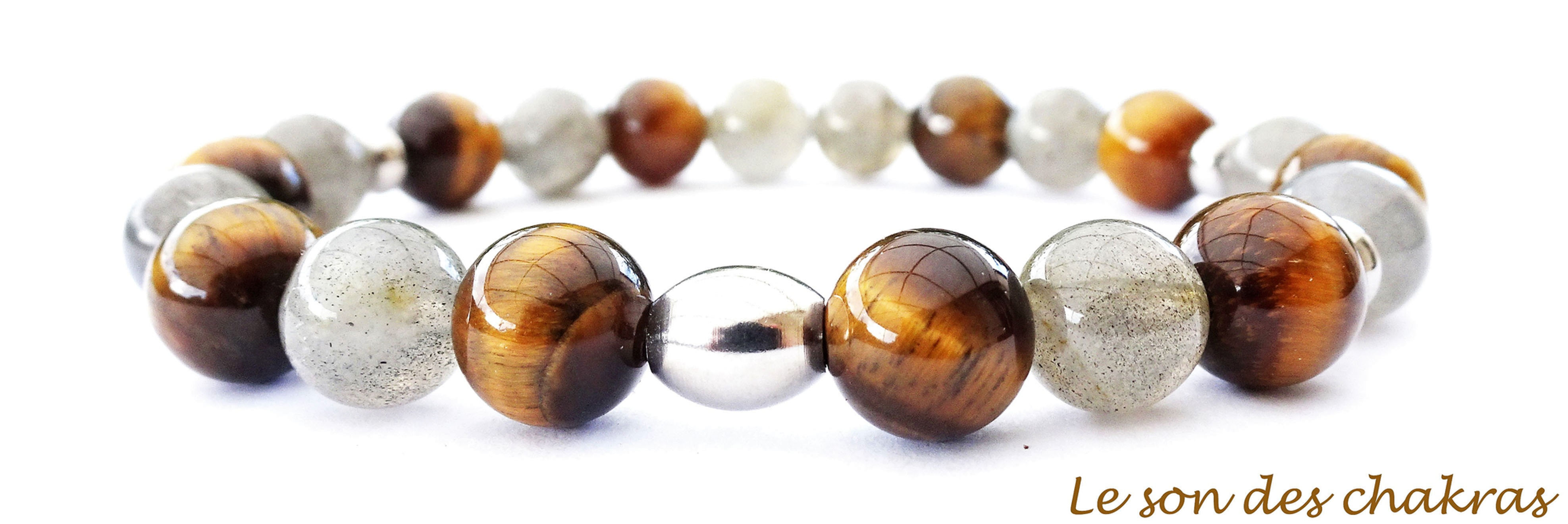 Bracelet 8 mm en pierre naturelle Œil de tigre et Labradorite