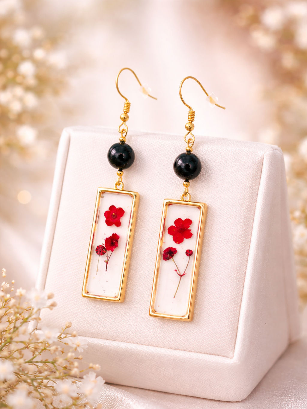 Boucles d'oreilles fleurs séchées en pierre naturelle Tourmaline noire