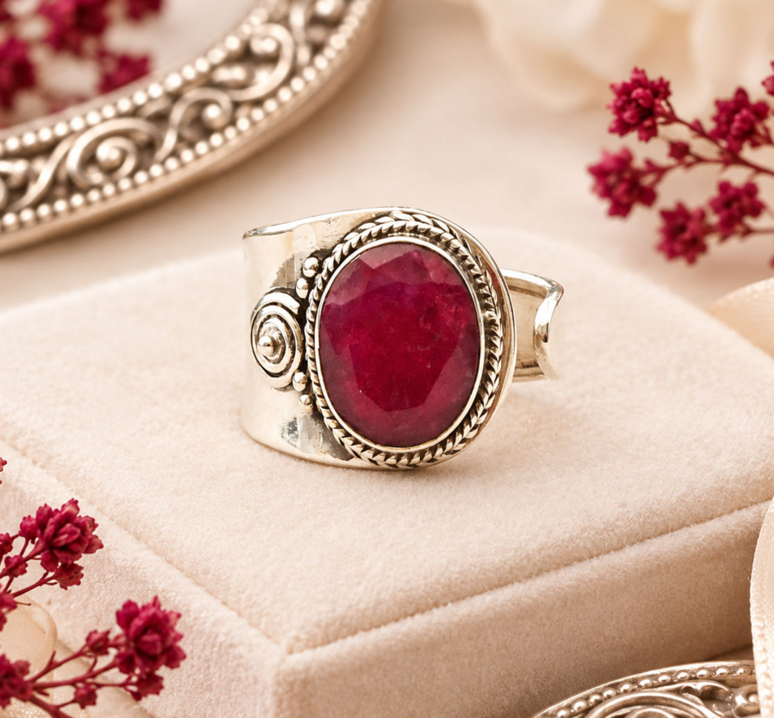Bague réglable en argent 925 en pierre PRECIEUSE Rubis facetté d'Inde