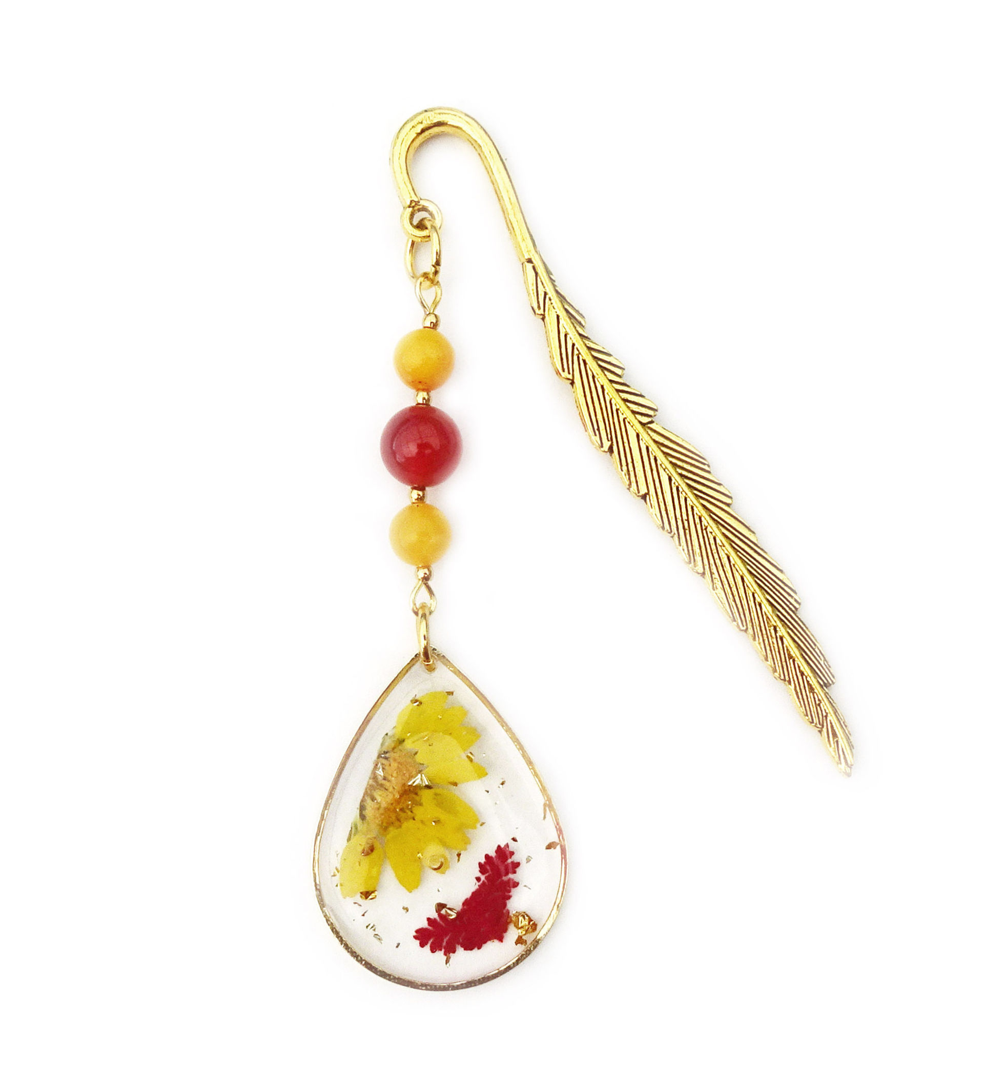 Marque-pages Fleurs séchées en pierre naturelle Agate rouge et Ambre Beeswax