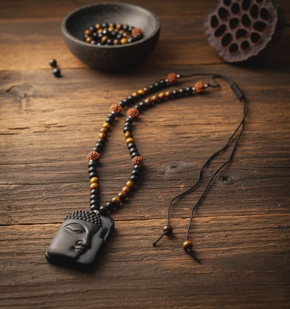 Collier ajustable Bouddha en Obsidienne, Œil de Tigre et Rudraksha