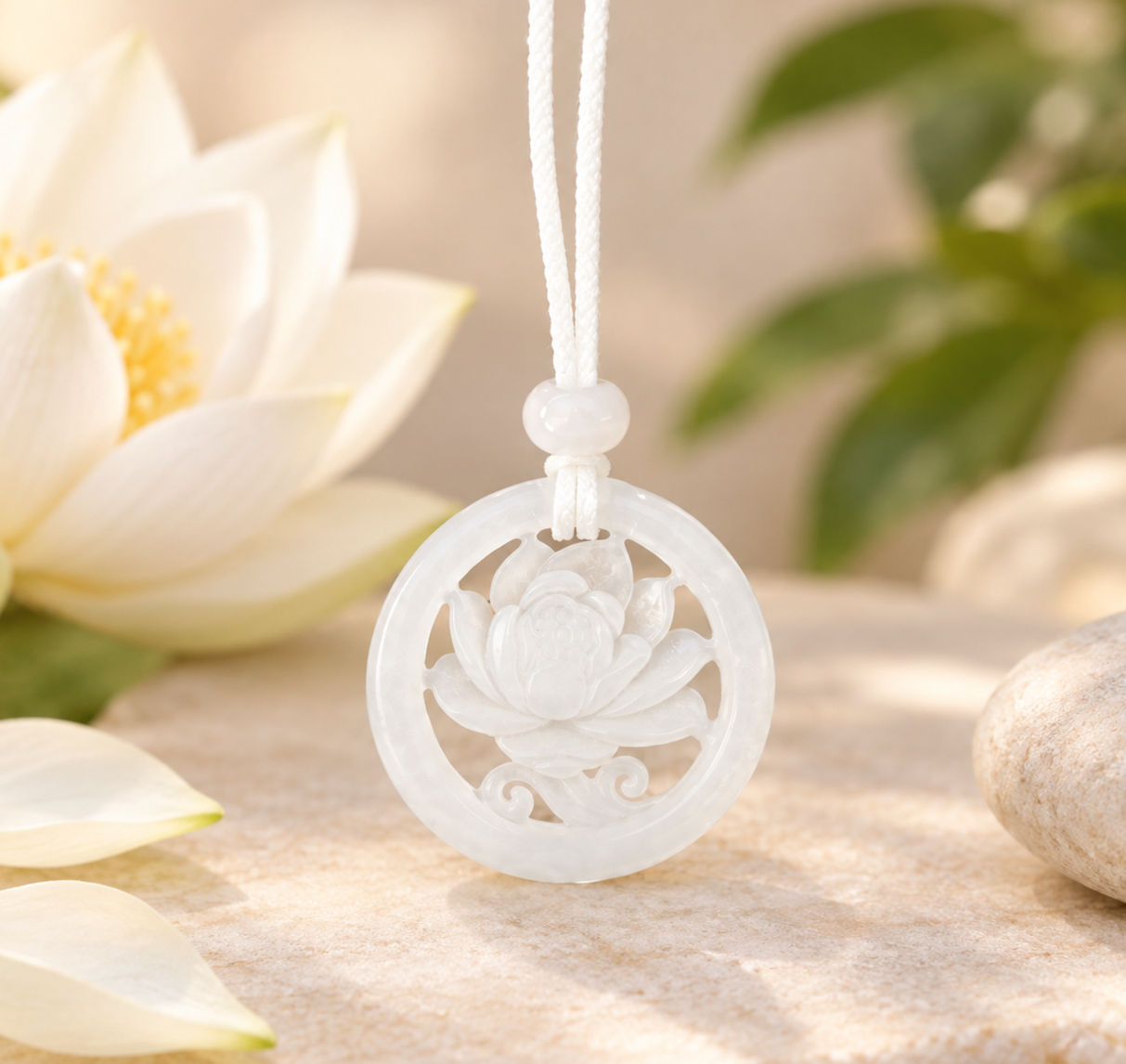 Grand pendentif Fleur de lotus en pierre naturelle Jade blanc et Quartz rose